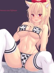 Rule 34 | 1girl, :p, animal ears, bikini, blonde hair, blush, bow, breasts, cat ears, cat girl, cleavage, commentary, english commentary, eyepatch bikini, hair bow, hair ornament, hand on own chest, highres, large breasts, long hair, looking at viewer, navel, nottytiffy, original, patreon username, purple background, red bow, red eyes, simple background, sitting, slit pupils, smile, solo, swimsuit, thighhighs, thighs, tiffy (nottytiffy), tongue, tongue out, underboob, white thighhighs