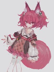 Rule 34 | 1girl, animal ear fluff, animal ears, arknights, black choker, black ribbon, burnt clothes, choker, closed mouth, fox ears, fox girl, fox tail, grey background, hair ornament, highres, looking at viewer, pantyhose, pink hair, reitoubeef, ribbon, ribbon choker, shamare (arknights), simple background, sketch, solo, tail, torn clothes, twintails, white pantyhose
