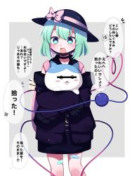 Rule 34 | 1girl, absurdres, bad id, bad pixiv id, bandaid, bandaid on knee, bandaid on leg, black dress, black hat, black jacket, blush, dress, eyeball, feet out of frame, green eyes, green hair, hair between eyes, hat, hat ribbon, heart, heart of string, highres, jacket, komeiji koishi, long sleeves, open mouth, ribbon, short hair, smile, solo, speech bubble, third eye, thought bubble, touhou, translation request, yellow ribbon, you (noanoamoemoe)