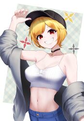 Rule 34 | 1girl, absurdres, bare shoulders, baseball cap, black choker, black hat, blonde hair, blue pants, breasts, camisole, choker, crop top, grey jacket, grin, hat, highres, hololive, hololive indonesia, jacket, kaela kovalskia, looking at viewer, medium breasts, navel, off shoulder, open clothes, open jacket, pants, pink nails, radi (pixiv 88192217), red eyes, ribbed camisole, short hair, smile, solo, stomach, virtual youtuber, white camisole