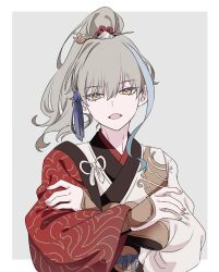 Rule 34 | 1boy, androgynous, archer (fate/samurai remnant), armor, border, brown eyes, chinese clothes, crossed arms, fate/samurai remnant, fate (series), grey background, grey hair, hair ornament, hair stick, highres, long sleeves, looking at viewer, male focus, multicolored hair, open mouth, ponytail, simple background, solo, streaked hair, suzuakks, tassel, tassel hair ornament, upper body, white border, wide sleeves