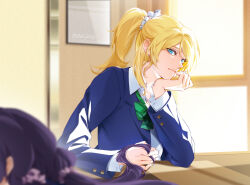 Rule 34 | 2girls, artist name, ayase eli, blonde hair, blue eyes, blue jacket, bow, closed mouth, collared shirt, diagonal-striped bow, green bow, hair ornament, hair scrunchie, head rest, highres, indoors, jacket, k.jhitsugi, long hair, long sleeves, looking at viewer, love live!, love live! school idol project, low twintails, mitakihara school uniform, multiple girls, pink scrunchie, ponytail, purple hair, school uniform, scrunchie, shirt, striped, tojo nozomi, twintails, white scrunchie, white shirt