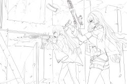 Rule 34 | 2girls, ak-12, ak-12 (girls&#039; frontline), an-94, an-94 (girls&#039; frontline), assault rifle, bad id, bad pixiv id, cape, closed mouth, commentary request, damaged, dokomon, finger on trigger, fingerless gloves, firing, girls&#039; frontline, gloves, greyscale, gun, hair between eyes, hairband, half-closed eye, highres, holding, holding gun, holding weapon, jacket, kalashnikov rifle, korean commentary, long hair, long sleeves, monochrome, multiple girls, name connection, object namesake, pants, parted lips, profile, reloading, rifle, scope, short shorts, shorts, standing, very long hair, weapon