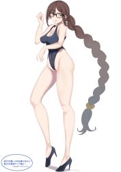 Rule 34 | 1girl, absurdres, alternate costume, black-framed eyewear, blue footwear, blue one-piece swimsuit, braid, breasts, brown eyes, brown hair, cleavage, competition swimsuit, covered navel, fate/grand order, fate (series), full body, glasses, hand up, high heels, highleg, highleg swimsuit, highres, legs, long hair, medium breasts, mi mi ham, one-piece swimsuit, open mouth, shoes, simple background, single braid, solo, striped clothes, striped one-piece swimsuit, swimsuit, thighs, twitter username, vertical-striped clothes, vertical-striped one-piece swimsuit, very long hair, wedgie, white background, yu mei-ren (fate)