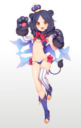 Rule 34 | 1girl, animal ears, animal hands, black hair, crown, elbow gloves, full body, gloves, kyuri tizu, looking at viewer, navel, orange eyes, original, paw gloves, personification, short hair, simple background, single elbow glove, single thighhigh, solo, tail, thighhighs