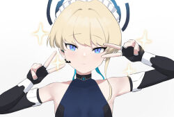 Rule 34 | 1girl, black gloves, blonde hair, blue archive, blue eyes, bodysuit, commentary request, double v, fingerless gloves, gloves, halo, headset, long hair, looking at viewer, sidelocks, simple background, sleeveless, solo, toki (blue archive), v, white background, ziz (pandora707)