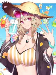 Rule 34 | animal ears, aqua nails, arknights, closed mouth, flower, hair ornament, hairclip, hand up, hat, highres, jewelry, juice, kyouna, looking at viewer, nail polish, necklace, petals, pink eyes, straw hat, sunglasses, swimsuit, upper body, utage (arknights), utage (summer flowers) (arknights), v