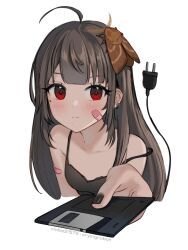 Rule 34 | 1girl, ahoge, animal, animal on head, artist name, bandaid, bandaid on arm, bandaid on cheek, bandaid on face, bare shoulders, black nails, black shirt, brown hair, bug, cable, cable tail, closed mouth, collarbone, cropped torso, earrings, electric plug, floppy disk, giving, holding, insect, jewelry, light blush, light smile, long hair, looking at viewer, mechanical tail, meme, mole, mole under eye, moth, nail polish, on head, original, quieres? (meme), reaching, reaching towards viewer, red eyes, shirt, simple background, sleeveless, sleeveless shirt, solo, spaghetti strap, straight hair, strap slip, tail, upper body, vickie (cryingrobot), vickie (cryingrobot) (character), white background