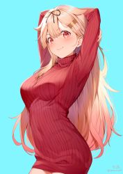 Rule 34 | 1girl, absurdres, alternate costume, arms behind head, artist name, black ribbon, blonde hair, blue background, blush, cowboy shot, hair flaps, hair ornament, hair ribbon, hairclip, highres, kantai collection, long hair, long sleeves, nyum, red eyes, red sweater, ribbed sweater, ribbon, signature, simple background, smile, solo, sweater, twitter username, yuudachi (kancolle), yuudachi kai ni (kancolle)