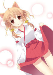 Rule 34 | 1girl, agekichi (heart shape), animal ears, bad id, bad pixiv id, bell, blush, borrowed character, breasts, brown hair, clothes lift, hair bell, hair ornament, japanese clothes, jingle bell, looking at viewer, medium breasts, miko, original, skirt, skirt lift, solo, ten&#039;inkou korin