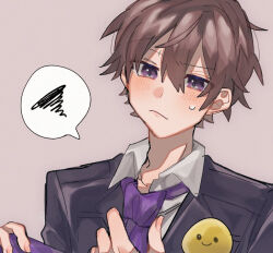 Rule 34 | 1boy, 90 (ku wo1027), adjusting clothes, adjusting necktie, badge, black jacket, blazer, blush, breast pocket, brown eyes, brown hair, button badge, closed mouth, collarbone, collared shirt, commentary, double-parted bangs, frown, hair between eyes, hair over eyes, holding necktie, jacket, lapels, looking ahead, male focus, necktie, open collar, pocket, purple background, purple eyes, purple necktie, shirt, short hair, simple background, smile (white tails), smiley face, solo, spoken squiggle, squiggle, sweat, upper body, virtual youtuber, white shirt, white tails