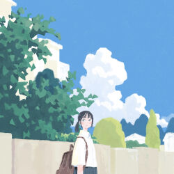 Rule 34 | 1girl, :/, backpack, bag, black hair, black skirt, blue sky, blush stickers, closed mouth, cloud, cloudy sky, collared shirt, cowboy shot, day, expressionless, from side, hayashi naoyuki, highres, landscape, long bangs, long hair, looking to the side, nature, original, outdoors, pleated skirt, scenery, school uniform, shirt, short ponytail, sidelocks, skirt, sky, solo, tree, wall, white shirt, wispy bangs