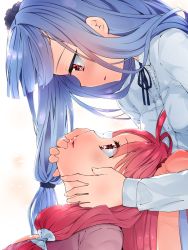 Rule 34 | 2girls, blue hair, buttons, eye contact, from side, hair ornament, hands on another&#039;s face, highres, kotonoha akane, kotonoha aoi, long hair, long sleeves, looking at another, multiple girls, neck ribbon, parted lips, pink hair, profile, red eyes, ribbon, shirasagi rokuwa, shirt, siblings, sisters, twins, upper body, voiceroid, yuri