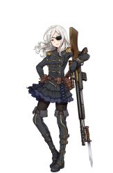 Rule 34 | 1girl, bayonet, black footwear, black gloves, black skirt, black thighhighs, blue eyes, boots, breasts, cuervo, epaulettes, eyepatch, frilled skirt, frills, full body, gloves, gun, highres, knife, official art, planted, princess principal, princess principal game of mission, scar, scope, skirt, standing, thigh boots, thighhighs, transparent background, vest, weapon, weapon request