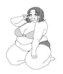 1girl bra breasts cleavage dasan242 fat fat_woman large_breasts looking_at_viewer monochrome panties short_hair sitting sketch smile solo thick_arms thick_thighs thighs underwear v