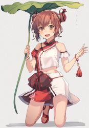 Rule 34 | 1girl, bare shoulders, blush, bow, bracelet, brown eyes, brown hair, bun cover, chinese clothes, collarbone, double bun, grey background, hair between eyes, hair bun, hair ornament, highres, holding, holding leaf, jewelry, kantai collection, kasumi (skchkko), kneeling, leaf, leaf umbrella, midriff, navel, open mouth, sandals, shirt, short hair, simple background, skirt, smile, solo, tan yang (kancolle), toenails, toes, white shirt, white skirt, yukikaze (kancolle)