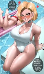 Rule 34 | 2girls, android 18, android 21, ass, bikini, blonde hair, breasts, cleavage, dragon ball, dragon ball super, dragonball z, echo saber, english text, faceless, faceless female, grin, head out of frame, heart, highres, large breasts, legs, looking at viewer, multiple girls, pool, shiny skin, smile, speech bubble, spoken heart, sunglasses, swimsuit, water