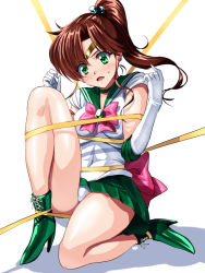 Rule 34 | &gt;:o, 1girl, :o, asymmetrical bangs, back bow, bare legs, bishoujo senshi sailor moon, boots, bow, breasts, brown hair, choker, circlet, cross-laced footwear, earrings, elbow gloves, female focus, floating hair, flower earrings, full body, gloves, green choker, green eyes, green footwear, green sailor collar, green skirt, hair bobbles, hair ornament, hands up, highleg, highleg leotard, jewelry, kino makoto, knee up, lace-up boots, legs, leotard, long hair, looking down, magical girl, medium breasts, neck, panties, pantyshot, pink bow, pleated skirt, ponytail, restrained, ribbon, sailor collar, sailor jupiter, sailor senshi, sailor senshi uniform, sen (sansui), shadow, shirt, simple background, skirt, solo, sweatdrop, underwear, white background, white gloves, white panties, white shirt