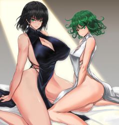 Rule 34 | 2girls, alternate breast size, bare arms, bare shoulders, black dress, black hair, breasts, cleavage, cleavage cutout, clothing cutout, curly hair, dark green hair, dress, earrings, female focus, fubuki (one-punch man), gond, green eyes, green hair, huge breasts, jewelry, kneeling, looking at viewer, matching hair/eyes, medium breasts, multiple girls, no panties, one-punch man, short hair, siblings, sideboob, sisters, sleeveless, tatsumaki, white background, white dress