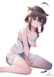 Rule 34 | 1girl, absurdres, ahoge, arm across chest, between legs, black hair, blue eyes, blush, braid, hair flaps, hair ornament, unworn hair ornament, hair over shoulder, hair ribbon, hand between legs, highres, kantai collection, long hair, looking at viewer, naked towel, nyum, parted lips, ribbon, shigure (kancolle), shigure kai ni (kancolle), signature, single braid, sitting, solo, towel, twitter username, wariza, white background