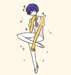 Rule 34 | 1other, androgynous, bad id, bad twitter id, blue eyes, blue hair, full body, golden arms, head rest, heterochromia, high heels, houseki no kuni, looking at viewer, necktie, phosphophyllite, phosphophyllite (ll), see-through, see-through sleeves, short hair, simple background, sitting, smile, solo, sparkle, spoilers, yellow eyes