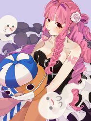 Rule 34 | 1girl, absurdres, arm tattoo, blunt bangs, braid, breasts, cleavage, commentary, dress, drill hair, flower, frilled dress, frills, from above, ghost, half updo, highres, holding, holding stuffed toy, kumacy, looking at viewer, one piece, perona, purple background, rose, sidelocks, simple background, solo, strapless, strapless dress, stuffed toy, symbol-only commentary, tattoo, u mi031, white flower, white rose