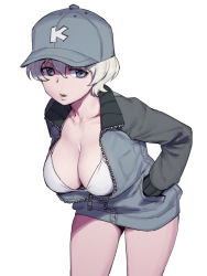 Rule 34 | 1girl, absurdres, baseball cap, bikini, bikini top only, breasts, cleavage, girls und panzer, grey eyes, grey hat, grey jacket, hands in pockets, hat, highres, jacket, large breasts, leaning forward, no pants, onsen tamago (hs egg), partially unzipped, short hair, simple background, solo, string bikini, swimsuit, white background, white bikini, white hair, youko (girls und panzer), zipper, zipper pull tab