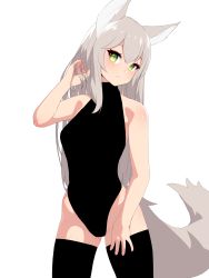 1girl animal_ears bare_arms bare_shoulders black_leotard black_thighhighs blush breasts cowboy_shot fox_ears fox_tail green_eyes grey_hair hand_in_own_hair hand_up head_tilt highres legs_apart leotard looking_at_viewer medium_breasts nezuko original parted_lips simple_background slit_pupils smile solo standing tail thighhighs white_background