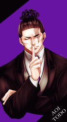 Rule 34 | 1boy, alternate costume, artist request, black hair, cropped torso, finger to mouth, formal, highres, jujutsu kaisen, male focus, muscular, muscular male, one eye closed, purple background, scar, scar across eye, short hair, shushing, sideburns, solo, suit, toudou aoi (jujutsu kaisen), two-tone background