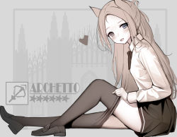 Rule 34 | 1girl, :d, absurdres, alternate costume, animal ears, archetto (arknights), arknights, black footwear, black pantyhose, black skirt, blue eyes, brown hair, character name, clothes pull, from side, full body, heart, heterochromia, highres, jean.organ, knee up, loafers, long hair, long sleeves, looking at viewer, looking to the side, miniskirt, muted color, neck ribbon, open mouth, pantyhose, pantyhose pull, red eyes, ribbon, shirt, shoes, sitting, skirt, smile, solo, star (symbol), undressing, very long hair, white shirt