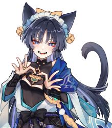 Rule 34 | 1boy, :d, alternate hair length, alternate hairstyle, animal ears, bell, black bow, black hair, black shirt, blue cape, blush, bow, bridal gauntlets, cape, cat boy, cat day, cat ears, cat tail, choppy bangs, commentary request, eyeshadow, fangs, frills, genshin impact, hair bell, hair between eyes, hair bow, hair intakes, hair ornament, hands up, heart, heart hands, highres, jacket, jingle bell, long hair, looking at viewer, maid headdress, makeup, male focus, off shoulder, open clothes, open jacket, open mouth, pom pom (clothes), purple eyes, red eyeshadow, rope, sash, scaramouche (genshin impact), shima usagi, shirt, short sleeves, sidelocks, simple background, sleeveless, sleeveless shirt, smile, solo, tail, tassel, teeth, tongue, very long hair, vision (genshin impact), wanderer (genshin impact), white background, white jacket, wide sleeves, yellow bow