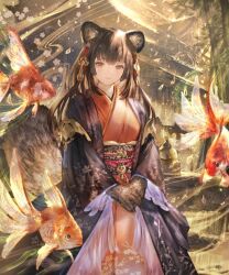 1girl animal_ears black_hair breasts brown_eyes building cherry_blossoms commentary_request fish flying_fish goldfish hair_ornament hozumi_(shadowverse) japanese_clothes kimono long_sleeves looking_at_viewer medium_breasts n.a. obi official_art outdoors own_hands_together portrait raccoon_ears raccoon_girl raccoon_tail sash shadowverse solo standing tail