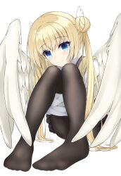 Rule 34 | 1girl, angel, angel wings, black pantyhose, blonde hair, blue eyes, blush, closed mouth, commentary request, convenient leg, double bun, eyelashes, eyes visible through hair, feathered wings, foreshortening, full body, hair between eyes, hair bun, happy, highres, hugging own legs, knees up, long hair, long sleeves, looking at viewer, no shoes, pantyhose, school uniform, shirayuki noa, shirt, simple background, sitting, smile, solo, straight hair, sweater vest, tenshi souzou re-boot!, tsurime, twintails, very long hair, white background, white shirt, white wings, wing hair ornament, wings, yamichi (yamichi8369), yellow sweater vest
