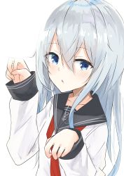 Rule 34 | 1girl, absurdres, anchor print, black sailor collar, blue eyes, collarbone, evening rabbit, hair between eyes, hibiki (kancolle), highres, kantai collection, long hair, long sleeves, looking at viewer, neckerchief, parted lips, red neckerchief, sailor collar, shirt, silver hair, simple background, solo, white background, white shirt
