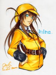 Rule 34 | antenna hair, belt, blue eyes, brown hair, cabbie hat, hands on own hips, hat, long hair, maon, marker (medium), original, signature, solo, traditional media, yellow theme