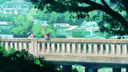 Rule 34 | black hair, black skirt, blurry, border, bridge, brown hair, building, commentary request, dappled sunlight, day, depth of field, fence, food, highres, holding, holding food, holding paper airplane, holding popsicle, inami hatoko, leaning, long hair, nature, neckerchief, original, outdoors, paper airplane, ponytail, popsicle, red neckerchief, sailor collar, scenery, school uniform, serafuku, shirt, short hair, short sleeves, skirt, sunlight, tree, white border, white sailor collar, white shirt, wide shot