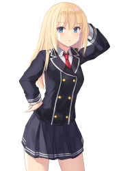 Rule 34 | 1girl, absurdres, black jacket, black skirt, blonde hair, blue eyes, cowboy shot, hand on own head, hand on own hip, highres, jacket, leaning forward, long hair, looking at viewer, miniskirt, necktie, original, pleated skirt, red necktie, school uniform, shirt, simple background, skirt, solo, standing, unscpro, white background, white shirt