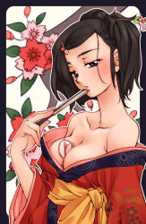 Rule 34 | 1girl, between breasts, black eyes, black hair, breasts, cherry blossoms, cleavage, folded fan, collarbone, unworn eyewear, hand fan, floral background, floral print, flower, folding fan, glasses, hair flower, hair ornament, hair up, hairclip, japanese clothes, kimono, off shoulder, outline, outside border, solo