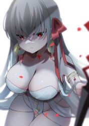 Rule 34 | 1girl, absurdres, armlet, aur hkgn, bare shoulders, belly chain, body markings, breasts, cleavage, durga (fate), earrings, fate/grand order, fate (series), grey hair, hair ribbon, highres, jewelry, large breasts, long hair, looking at viewer, pelvic curtain, red eyes, revealing clothes, ribbon, sash, snake, solo, thighs, very long hair, weapon