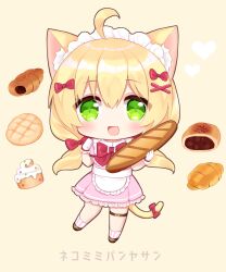 Rule 34 | 1girl, :d, ahoge, animal ears, apron, baguette, blonde hair, bow, bread, brown background, brown footwear, cake, cat ears, cat girl, cat tail, chibi, chocolate cornet, collared shirt, food, frilled apron, frilled skirt, frills, full body, gloves, green eyes, hair between eyes, hair bow, hair ornament, hairclip, heart, highres, holding, holding food, long hair, low twintails, maid headdress, open mouth, original, pink shirt, pink skirt, pleated skirt, puffy short sleeves, puffy sleeves, red bow, shikito (yawa0w0), shirt, shoes, short sleeves, simple background, skirt, smile, socks, solo, striped clothes, striped socks, tail, tail bow, tail ornament, translation request, twintails, vertical-striped clothes, vertical-striped socks, very long hair, waist apron, white apron, white gloves, x hair ornament