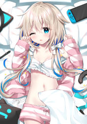 Rule 34 | 1girl, bare shoulders, bed sheet, blonde hair, blue eyes, blue hair, blush, bow, bow panties, breasts, clothes pull, commentary request, frills, hair between eyes, hands up, indie virtual youtuber, jacket, long hair, long sleeves, loungewear, lying, multicolored hair, navel, nintendo switch, on back, one eye closed, open clothes, open jacket, panties, parted lips, pillow, short shorts, shorts, shorts pull, sleeves past wrists, small breasts, solo, strap slip, striped clothes, striped jacket, striped shorts, stylus, tail, two-tone hair, uchuuneko, uchuuneko (vtuber), underwear, very long hair, virtual youtuber, white panties