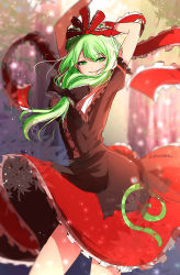 Rule 34 | 1girl, arms up, blurry, blurry background, bow, breasts, brown bow, brown dress, commentary request, contrapposto, cowboy shot, cross-laced clothes, day, depth of field, dress, ekisutora, frilled ribbon, frilled shirt collar, frills, front ponytail, green eyes, green hair, hair between eyes, hair bow, hair ribbon, highres, kagiyama hina, long hair, looking at viewer, medium breasts, one-hour drawing challenge, outdoors, parted lips, petticoat, puffy short sleeves, puffy sleeves, red skirt, ribbon, short sleeves, skirt, smile, solo, standing, touhou, very long hair