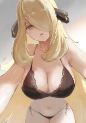 1girl black_bra black_eyes black_panties blonde_hair bra breasts cleavage cowboy_shot creatures_(company) cynthia_(pokemon) game_freak grey_background hair_over_one_eye highres lace lace_bra large_breasts long_hair navel nintendo panties pokemon pokemon_dppt ringosan2329 side-tie_panties simple_background solo underwear very_long_hair