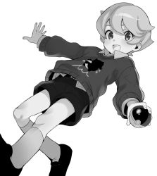 Rule 34 | 1boy, black shorts, blouse, blue eyes, brown hair, character print, child, collared shirt, creatures (company), feet out of frame, game freak, greyscale, highres, inari (inariya), kneehighs, long sleeves, looking at viewer, male focus, monochrome, nintendo, open mouth, pokemon, pokemon swsh, print sweater, red sweater, shirt, shorts, simple background, smile, socks, solo, sweater, white background, white shirt, white socks, youngster (pokemon)