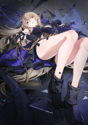 Rule 34 | 1girl, arm ribbon, blonde hair, blush, boots, breasts, cape, chain, character request, commentary request, copyright request, cross, gloves, gold chain, hand on own chest, high heel boots, high heels, highres, horns, large breasts, long hair, looking at viewer, lying, midriff, on back, parted lips, ribbon, shirt, short shorts, shorts, sleeveless, sleeveless shirt, solo, spikes, teeth, thighs, thorns, yellow eyes, zuihou de miao pa si