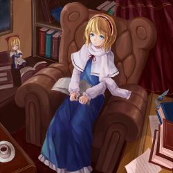 Rule 34 | 1girl, alice margatroid, armchair, blonde hair, blue eyes, book, bow, capelet, chair, cup, dress, hairband, highres, inkwell, jewelry, looking at viewer, quill, ribbon, ring, scarf, shanghai doll, short hair, sitting, smile, teacup, touhou, yingji (zszero), zszero
