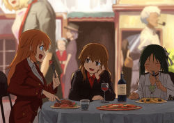 Rule 34 | 3girls, :d, ^ ^, alcohol, blue eyes, brown eyes, brown hair, chair, charlotte e. yeager, closed eyes, cup, drinking glass, eating, fernandia malvezzi, food, fork, francesca lucchini, green hair, hand on own cheek, hand on own face, hat, knife, multiple girls, open mouth, pizza, restaurant, shibasaki shouji, sideways mouth, sitting, smile, smoking pipe, strike witches, strike witches: kurenai no majo-tachi, wine, wine glass, world witches series