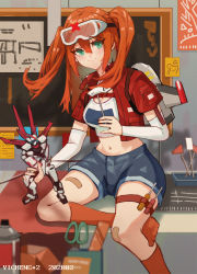 Rule 34 | 1girl, absurdres, artist name, black shorts, chalkboard, chinese commentary, dated, goggles, goggles on head, green eyes, gundam, gundam seed, gunpla, highres, holding, holding toy, jacket, jetpack, looking to the side, m1 astray, model kit, navel, orange hair, original, red jacket, scissors, screwdriver, shorts, sitting, smile, socks, solo, spray can, thigh strap, toy, two side up, yi cheng yi cheng
