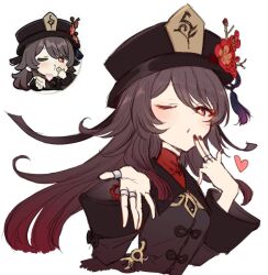 Rule 34 | 1girl, black hat, black nails, blowing kiss, blush, brown hair, cropped torso, flower, genshin impact, genshin impact sticker redraw (meme), gradient hair, hat, hat flower, heart, highres, hu tao (genshin impact), jewelry, long hair, long sleeves, looking at viewer, meme, multicolored hair, multiple rings, nail polish, one eye closed, plum blossoms, puckered lips, red eyes, red flower, red hair, ring, sbs, simple background, solo, symbol-shaped pupils, tassel, twintails, upper body, white background