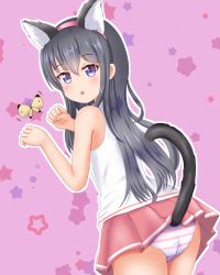Rule 34 | 1girl, :o, animal, animal ears, ass, bare arms, bare shoulders, black hair, blue eyes, blush, bug, butterfly, cat ears, cat girl, cat tail, commentary request, fake animal ears, fingernails, hair between eyes, hairband, highres, insect, kemonomimi mode, long hair, looking at viewer, looking back, michou, panties, parted lips, paw pose, pink background, pink hairband, pleated skirt, red skirt, shirosaki hana, shirt, skirt, sleeveless, sleeveless shirt, solo, star (symbol), starry background, striped clothes, striped panties, tail, tail raised, underwear, very long hair, watashi ni tenshi ga maiorita!, white shirt